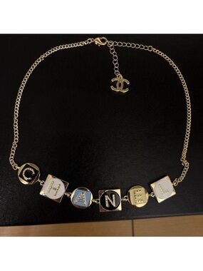 CHANEL Gold-Tone Letter Block Necklace - Gold/White/Black/Blue
